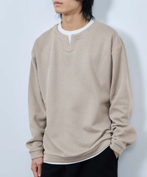【NAVY/ネイビー】 針抜き裏起毛 フェイクキーネックトレーナー
