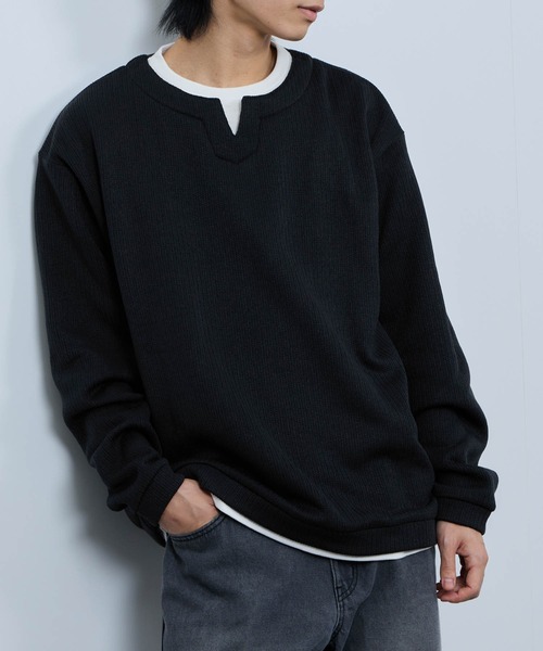 NAVY(ネイビー)の「【NAVY/ネイビー】 針抜き裏起毛 フェイクキーネックトレーナー(Tシャツ/カットソー・メンズ・チャコールグレー/カーキ/ベージュ/ネイビー・XL/L/M/S)」の4枚目の写真
