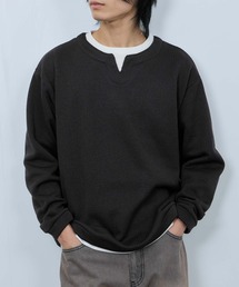 【NAVY/ネイビー】 針抜き裏起毛 フェイクキーネックトレーナー