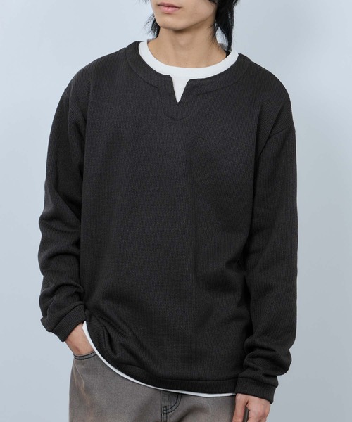NAVY(ネイビー)の「【NAVY/ネイビー】 針抜き裏起毛 フェイクキーネックトレーナー(Tシャツ/カットソー・メンズ・チャコールグレー/カーキ/ベージュ/ネイビー・XL/L/M/S)」の7枚目の写真