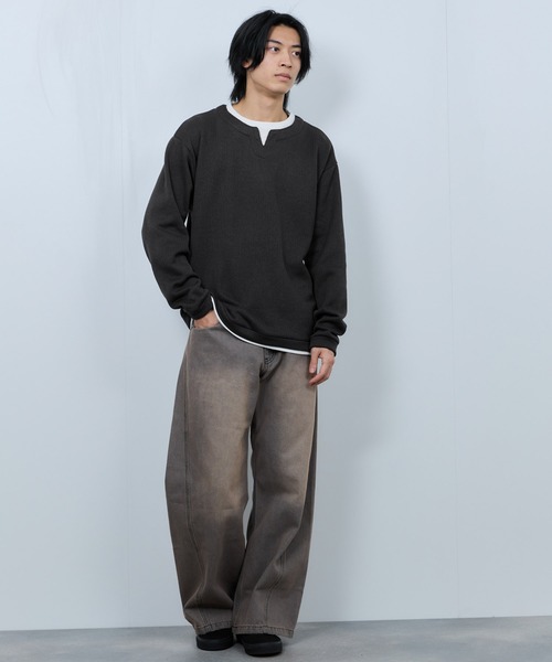 NAVY(ネイビー)の「【NAVY/ネイビー】 針抜き裏起毛 フェイクキーネックトレーナー(Tシャツ/カットソー・メンズ・チャコールグレー/カーキ/ベージュ/ネイビー・XL/L/M/S)」の10枚目の写真