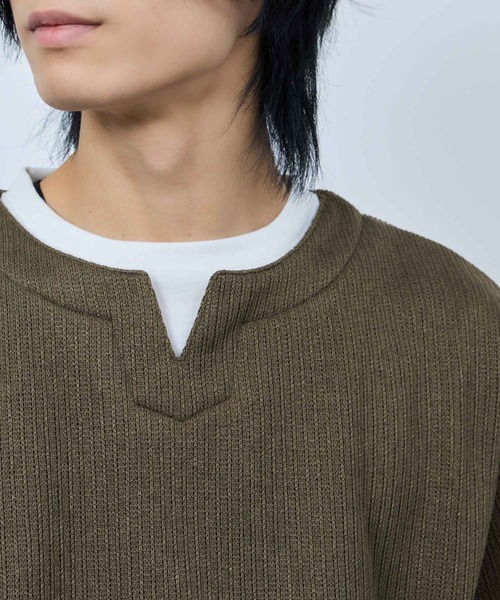 NAVY(ネイビー)の「【NAVY/ネイビー】 針抜き裏起毛 フェイクキーネックトレーナー(Tシャツ/カットソー・メンズ・チャコールグレー/カーキ/ベージュ/ネイビー・XL/L/M/S)」の11枚目の写真