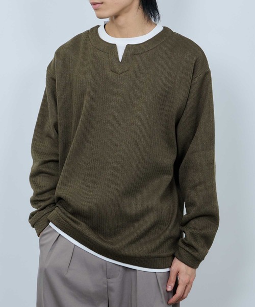 NAVY(ネイビー)の「【NAVY/ネイビー】 針抜き裏起毛 フェイクキーネックトレーナー(Tシャツ/カットソー・メンズ・チャコールグレー/カーキ/ベージュ/ネイビー・XL/L/M/S)」の12枚目の写真