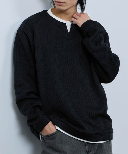 NAVY(ネイビー)の「【NAVY/ネイビー】 針抜き裏起毛 フェイクキーネックトレーナー(Tシャツ/カットソー・メンズ・チャコールグレー/カーキ/ベージュ/ネイビー・XL/L/M/S)」の15枚目の写真