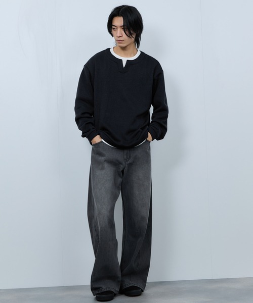 NAVY(ネイビー)の「【NAVY/ネイビー】 針抜き裏起毛 フェイクキーネックトレーナー(Tシャツ/カットソー・メンズ・チャコールグレー/カーキ/ベージュ/ネイビー・XL/L/M/S)」の16枚目の写真