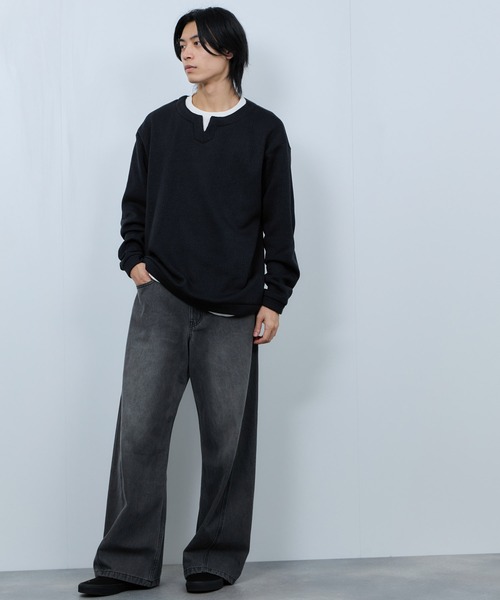 NAVY(ネイビー)の「【NAVY/ネイビー】 針抜き裏起毛 フェイクキーネックトレーナー(Tシャツ/カットソー・メンズ・チャコールグレー/カーキ/ベージュ/ネイビー・XL/L/M/S)」の17枚目の写真