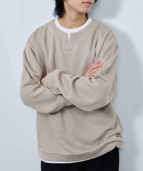 NAVY(ネイビー)の「【NAVY/ネイビー】 針抜き裏起毛 フェイクキーネックトレーナー(Tシャツ/カットソー・メンズ・チャコールグレー/カーキ/ベージュ/ネイビー・XL/L/M/S)」の18枚目の写真