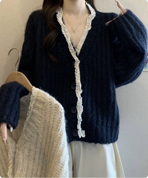 セール】レース縁取りのニットカーデ（カーディガン/ボレロ）｜I.O.E