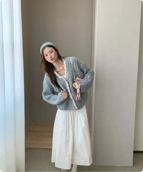 セール】レース縁取りのニットカーデ（カーディガン/ボレロ）｜I.O.E