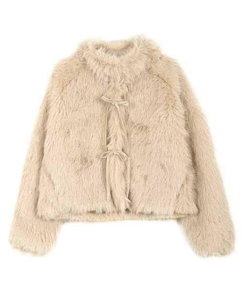 小澤美里さんコラボ ] リボンブローチつきエコファーショートコート