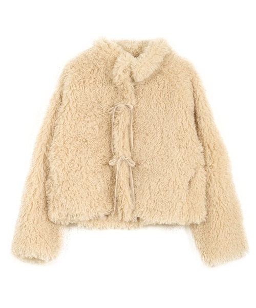 小澤美里さんコラボ ] リボンブローチつきエコファーショートコート