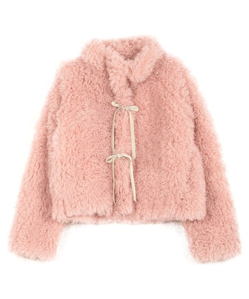 小澤美里さんコラボ ] リボンブローチつきエコファーショートコート