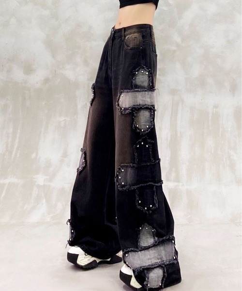 セール】サイド十字架デザインデニムワイドパンツ（デニムパンツ