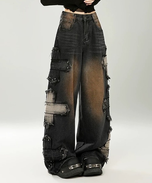 セール】サイド十字架デザインデニムワイドパンツ（デニムパンツ