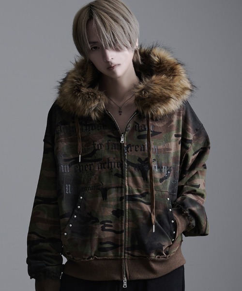 SILVER BULLET（シルバーバレット）の「『PSYCHO NATION UNDER GROUND /サイコネーションアンダーグラウンド』ファー脱着スプレーZIP PK（パーカー・メンズ・ブラック/カモフラージュ・M/L）」の2枚目の写真