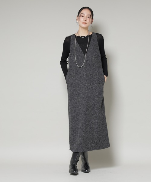 NANO universe（ナノユニバース）の「ツイードIラインワンピース×シアーリブニットセット（ワンピース・レディース・ブラック/アイボリー・S/M）」の16枚目の写真