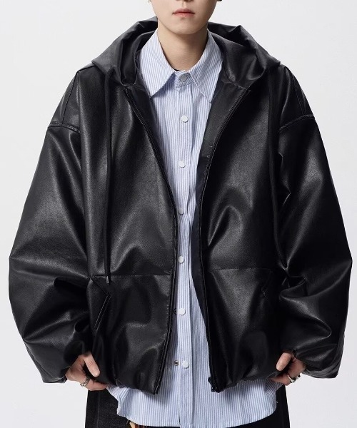SHIBUYA Zy.(シブヤジー)の「Nightfallレザータッチオーバーサイズフーディ(ブルゾン・メンズ・ブラック・M/L/XL)」の4枚目の写真