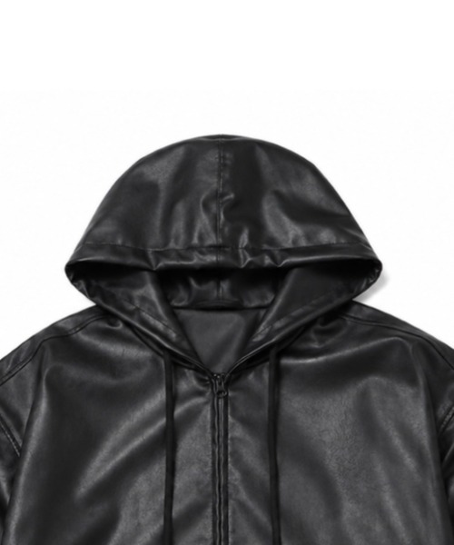 SHIBUYA Zy.(シブヤジー)の「Nightfallレザータッチオーバーサイズフーディ(ブルゾン・メンズ・ブラック・M/L/XL)」の8枚目の写真