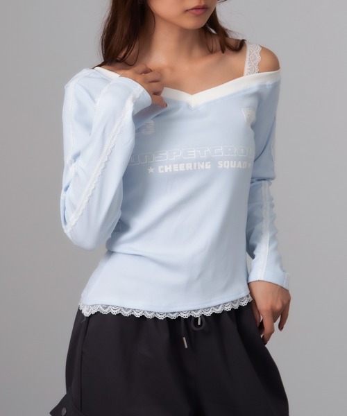 Chiina（チーナ）の「Chiina /ワンショルダー　レースラインスポーティートップス（Tシャツ/カットソー・レディース・ネイビー/レッド/グレー/ブルー・FREE）」の19枚目の写真