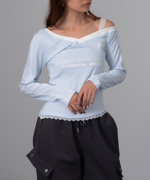 Chiina（チーナ）の「Chiina /ワンショルダー　レースラインスポーティートップス（Tシャツ/カットソー・レディース・ネイビー/レッド/グレー/ブルー・FREE）」の21枚目の写真