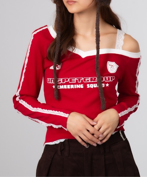 Chiina（チーナ）の「Chiina /ワンショルダー　レースラインスポーティートップス（Tシャツ/カットソー・レディース・ネイビー/レッド/グレー/ブルー・FREE）」の15枚目の写真