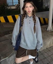 CANVAS+（キャンバスプラス）の「【CANVAS＋】裏起毛チェックレイヤード風トップス（スウェット）」