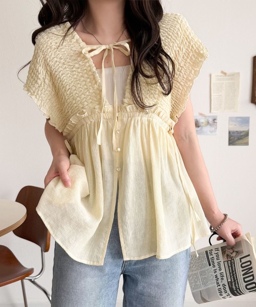 mily bilet(ミウィビレット)の「【mily bilet】ラフなのに品よく。体型カバー♪シアー楊柳 前後2wayノースリーブギャザーベストブラウス(シャツ/ブラウス・レディース・チャコール/アイボリー/ブルー・LARGE/MEDIUM/SMALL/X-LARGE)」の4枚目の写真