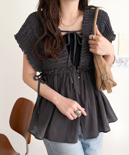 mily bilet(ミウィビレット)の「【mily bilet】ラフなのに品よく。体型カバー♪シアー楊柳 前後2wayノースリーブギャザーベストブラウス(シャツ/ブラウス・レディース・チャコール/アイボリー/ブルー・LARGE/MEDIUM/SMALL/X-LARGE)」の7枚目の写真