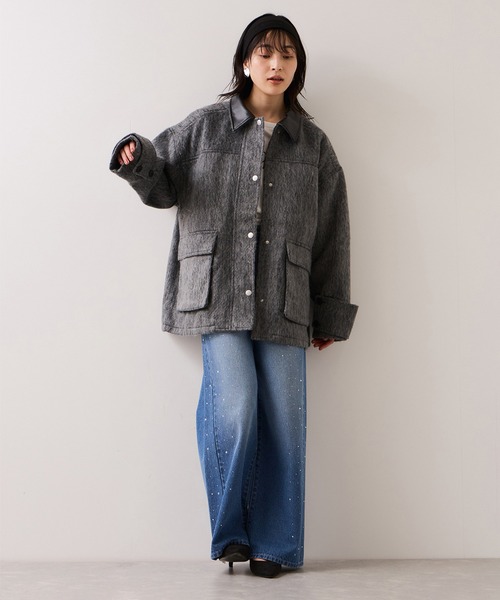 VIS（ビス）の「【WEB限定】衿袖レザーシャギーアウター（カバーオール・レディース・ダークブラウン/チャコールグレー・FREE）」の18枚目の写真