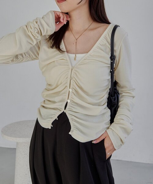 CAPRICIEUX LE'MAGE（カプリシューレマージュ）の「パイピングドレープカーディガン（Tシャツ/カットソー・レディース・ホワイト系その他/ベージュ/チャコールグレー・FREE）」の8枚目の写真