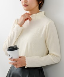【fort point/フォートポイント】【ランダムリブが縦のラインを強調し、すっきり見え◎】リブニットソー 襟シャーリング プルオーバー シンプル 華奢見え 大人可愛い