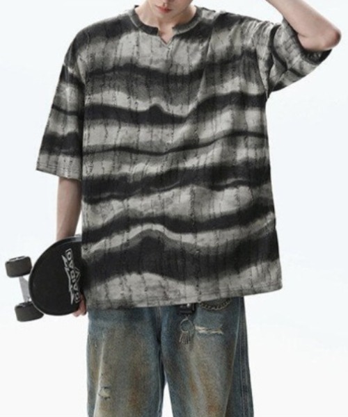 lilful（リルフル）の「【26年春夏新作】ダメージボーダータイダイ柄クラッシュTシャツ（Tシャツ/カットソー・メンズ・グレー/ダークグリーン/ベージュ・M/L）」の5枚目の写真