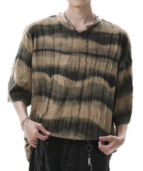 lilful（リルフル）の「【26年春夏新作】ダメージボーダータイダイ柄クラッシュTシャツ（Tシャツ/カットソー・メンズ・グレー/ダークグリーン/ベージュ・M/L）」の7枚目の写真
