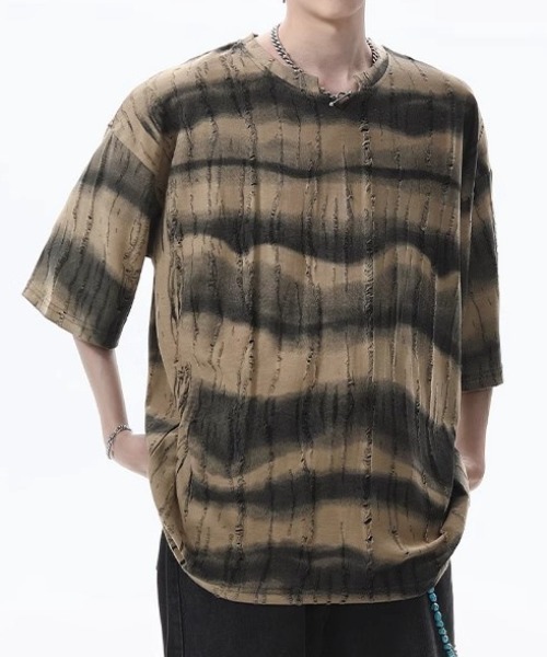 lilful（リルフル）の「【26年春夏新作】ダメージボーダータイダイ柄クラッシュTシャツ（Tシャツ/カットソー・メンズ・グレー/ダークグリーン/ベージュ・M/L）」の6枚目の写真