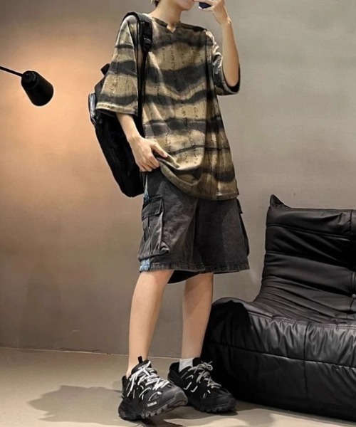 lilful（リルフル）の「【26年春夏新作】ダメージボーダータイダイ柄クラッシュTシャツ（Tシャツ/カットソー・メンズ・グレー/ダークグリーン/ベージュ・M/L）」の9枚目の写真
