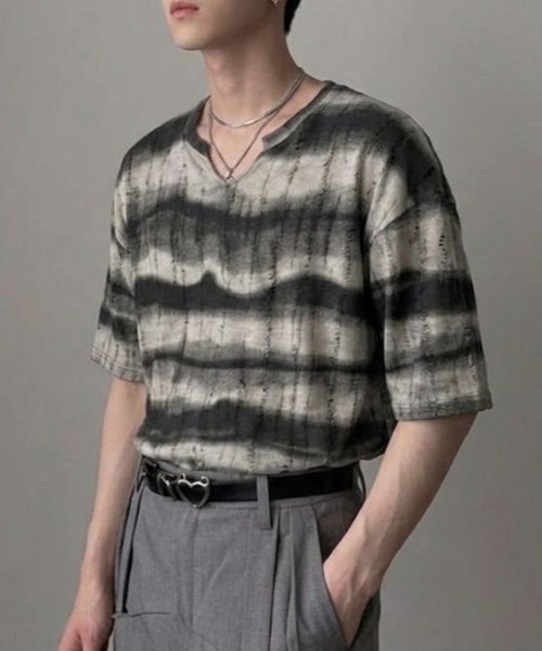 lilful（リルフル）の「【26年春夏新作】ダメージボーダータイダイ柄クラッシュTシャツ（Tシャツ/カットソー・メンズ・グレー/ダークグリーン/ベージュ・M/L）」の22枚目の写真