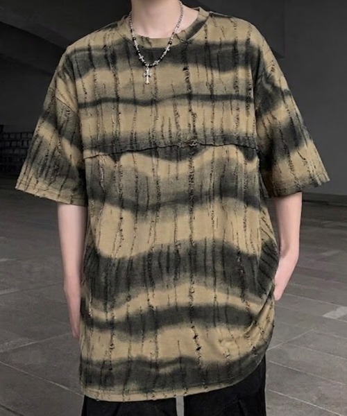 lilful（リルフル）の「【26年春夏新作】ダメージボーダータイダイ柄クラッシュTシャツ（Tシャツ/カットソー・メンズ・グレー/ダークグリーン/ベージュ・M/L）」の18枚目の写真