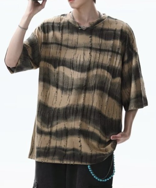 lilful（リルフル）の「【26年春夏新作】ダメージボーダータイダイ柄クラッシュTシャツ（Tシャツ/カットソー・メンズ・グレー/ダークグリーン/ベージュ・M/L）」の21枚目の写真