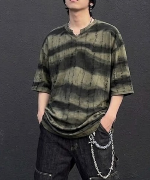 lilful（リルフル）の「【26年春夏新作】ダメージボーダータイダイ柄クラッシュTシャツ（Tシャツ/カットソー・メンズ・グレー/ダークグリーン/ベージュ・M/L）」の20枚目の写真