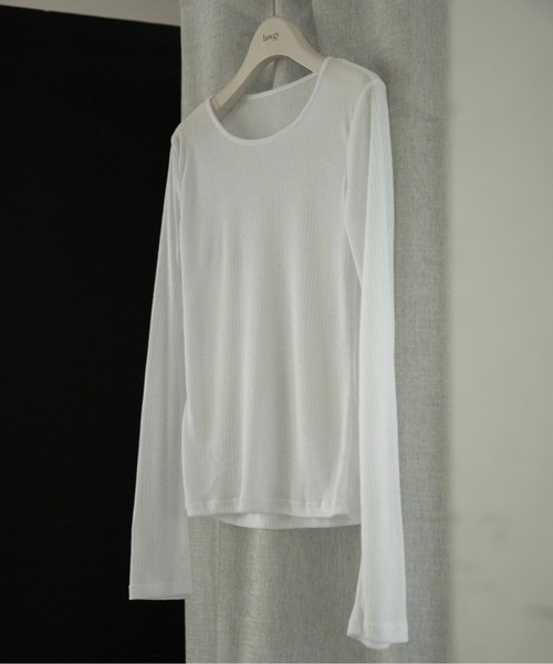 lawgy（ラウジー）の「rib sheer round neck tops / リブシアーラウンドネックトップス（Tシャツ/カットソー・レディース・ブラック/グレー/ホワイト/ライトカーキ・FREE）」の2枚目の写真
