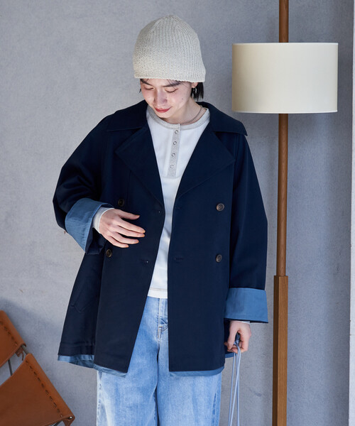 FREAK'S STORE（フリークスストア）の「配色 ショート トレンチコート/ミニ フレアコート/ハイネックショートコート/スプリングコート（トレンチコート・レディース・ネイビー/ベージュ/オフホワイト・ﾌﾘ-）」の10枚目の写真