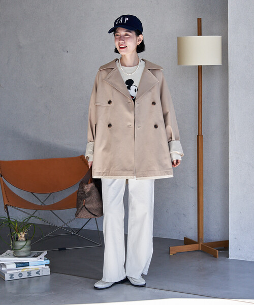 FREAK'S STORE（フリークスストア）の「配色 ショート トレンチコート/ミニ フレアコート/ハイネックショートコート/スプリングコート（トレンチコート・レディース・ネイビー/ベージュ/オフホワイト・ﾌﾘ-）」の12枚目の写真