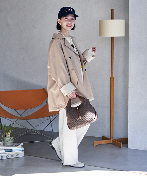 FREAK'S STORE（フリークスストア）の「配色 ショート トレンチコート/ミニ フレアコート/ハイネックショートコート/スプリングコート（トレンチコート・レディース・ネイビー/ベージュ/オフホワイト・ﾌﾘ-）」の14枚目の写真