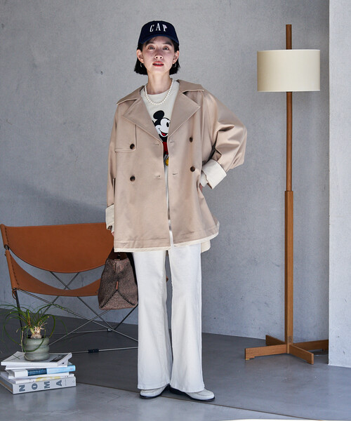 FREAK'S STORE（フリークスストア）の「配色 ショート トレンチコート/ミニ フレアコート/ハイネックショートコート/スプリングコート（トレンチコート・レディース・ネイビー/ベージュ/オフホワイト・ﾌﾘ-）」の20枚目の写真