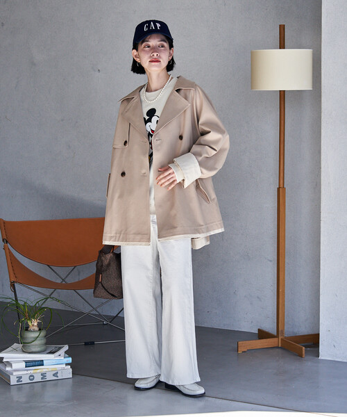 FREAK'S STORE（フリークスストア）の「配色 ショート トレンチコート/ミニ フレアコート/ハイネックショートコート/スプリングコート（トレンチコート・レディース・ネイビー/ベージュ/オフホワイト・ﾌﾘ-）」の21枚目の写真