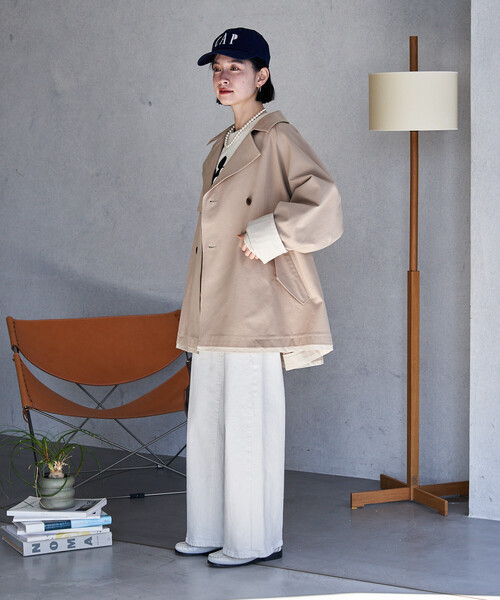 FREAK'S STORE（フリークスストア）の「配色 ショート トレンチコート/ミニ フレアコート/ハイネックショートコート/スプリングコート（トレンチコート・レディース・ネイビー/ベージュ/オフホワイト・ﾌﾘ-）」の22枚目の写真