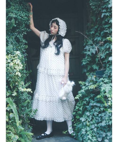 merry jenny（メリージェニー）の「petit flowerフロッキーパフワンピース（ワンピース・レディース・オフホワイト/ブラック・FREE）」の3枚目の写真