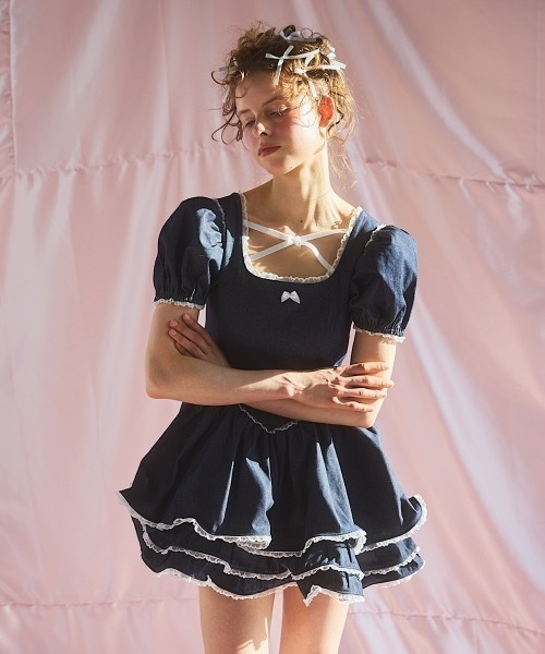 lilLilly（リルリリー）の「デニムフリルワンピース（ワンピース・レディース・ブラック/レッド/インディゴブルー・FREE）」の3枚目の写真