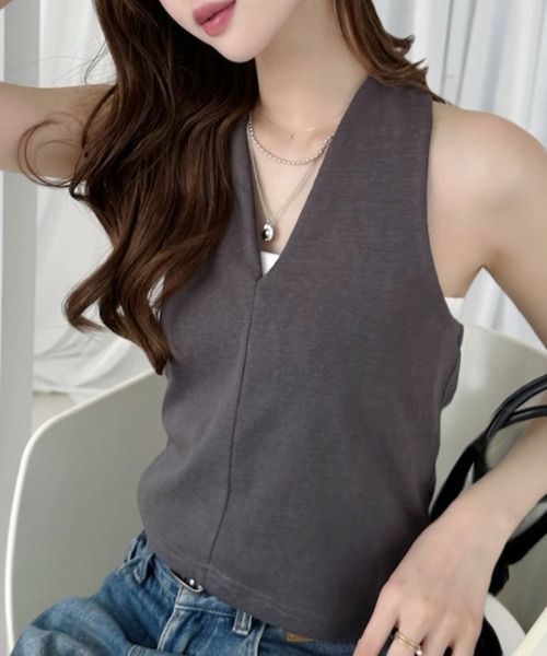 Ada.（エイダ）の「Vネック ベストレイヤード ドッキング 半袖 トップス（Tシャツ/カットソー・レディース・アイボリー/ブラック/チャコール・FREE）」の14枚目の写真