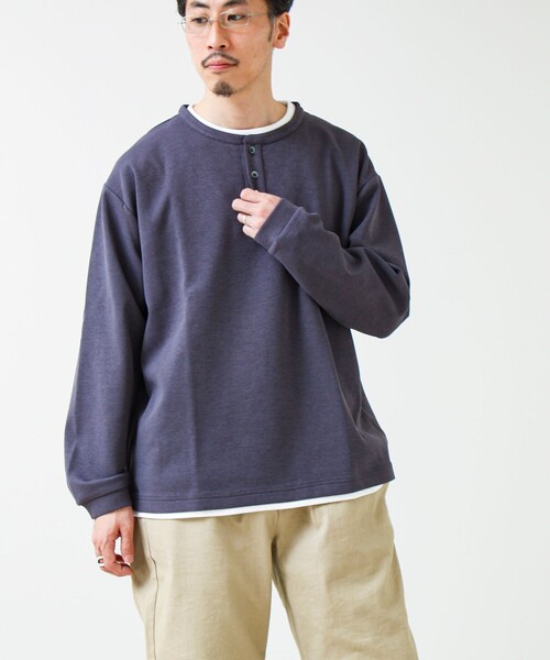 GLOSTER（グロスター）の「【1枚で完成する】杢ダンボール ヘンリーネックフェイクレイヤー ロンT（Tシャツ/カットソー・メンズ・チャコールグレー/パープル/ライトグレー・M/L）」の3枚目の写真